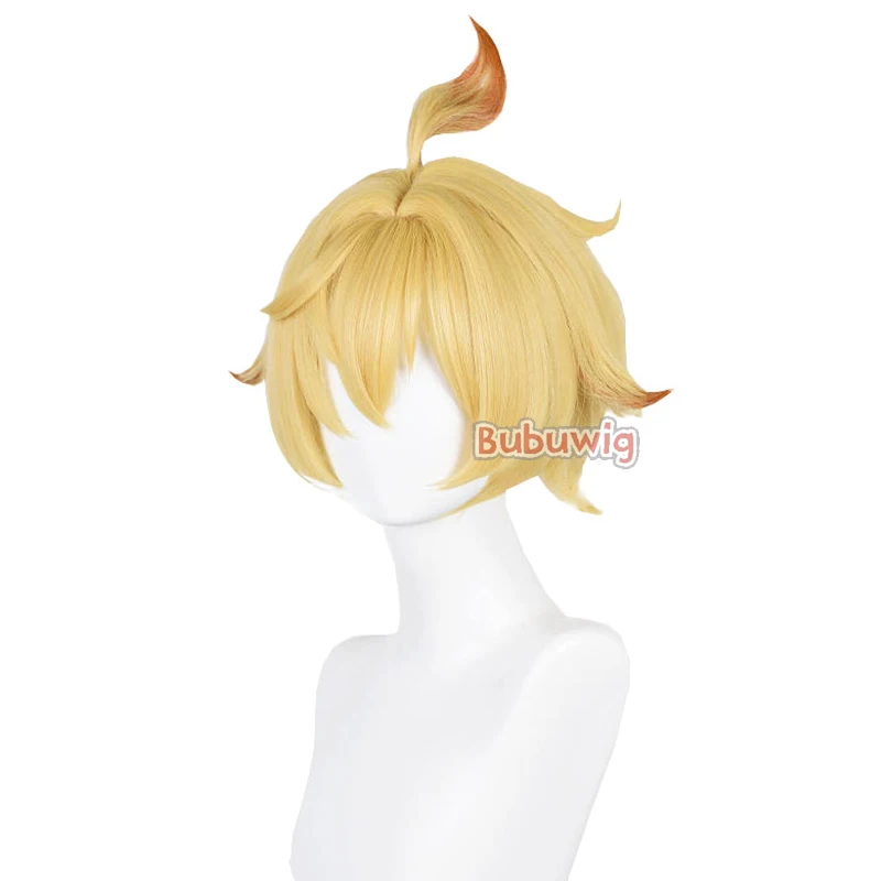 Bubuwig Rambut Sintetis Mika Wig Cosplay Genshin Impact Mika 30Cm Pendek Pirang Campuran Coklat Wig Pesta Pria Tahan Panas