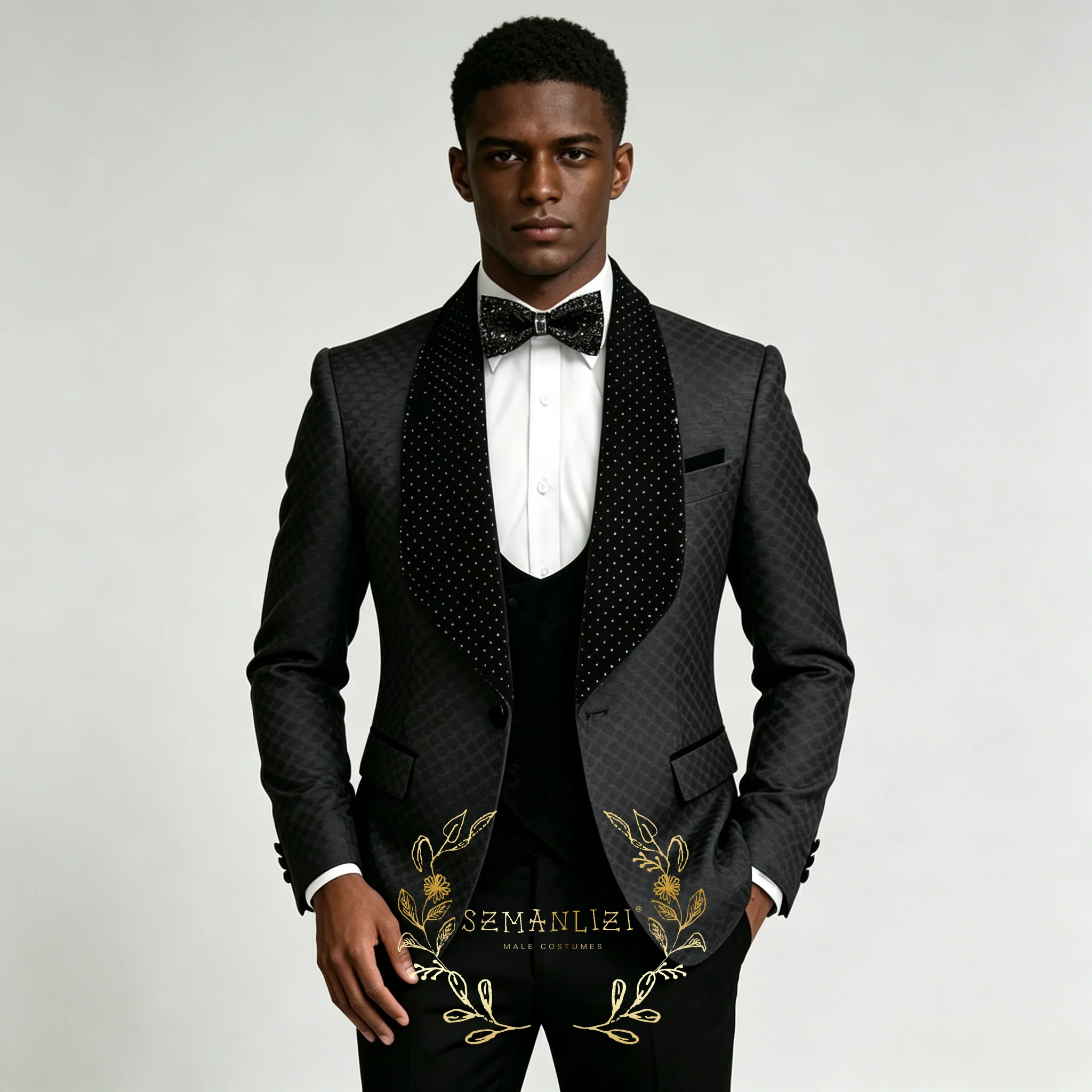 

Black Plaid Men's Beads Formal Suit Set 3 Piece Shawl Lapel Prom Suit Attire Wedding Tuxedos Groom Wear Jacket Vest Pants