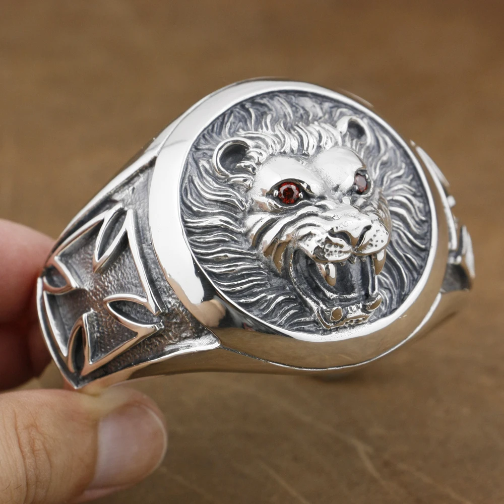 Red CZ Eyes Huge 925 Sterling Silver Lion Knight King Cross Bangle 9B005