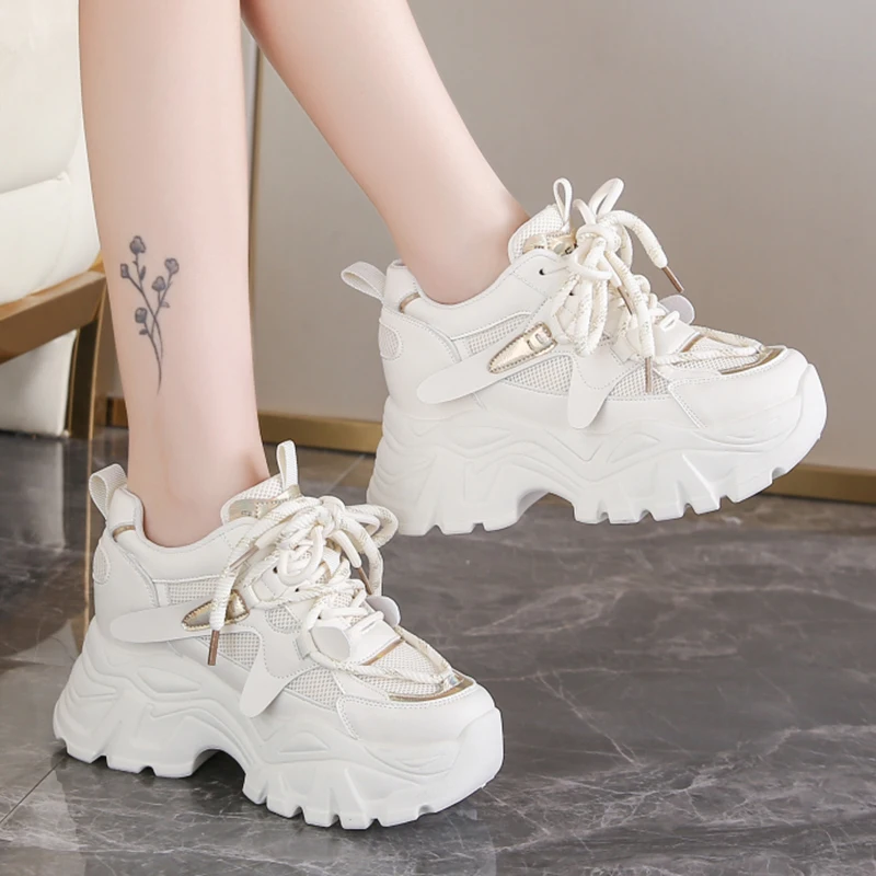 Women\'s Fashion White Chunky Sneakers Thick Bottom Lace Up Vulcanized Shoes Woman Non Slip Platform Sports Shoes for Lady