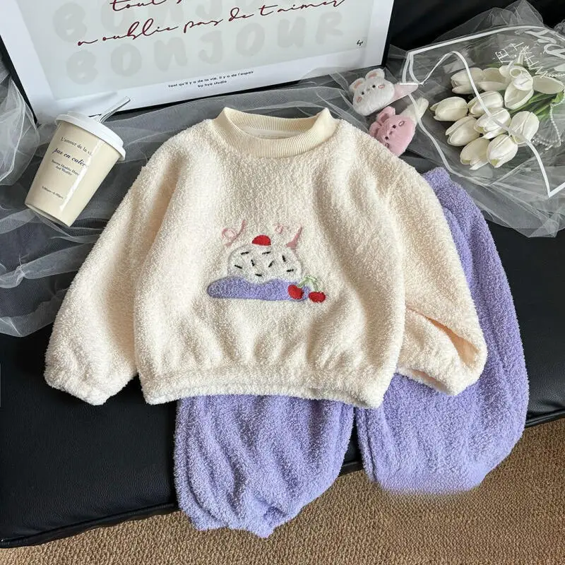 

Autumn Winter Girls' Yangmei Velvet Pajama Set Homewear Cartoon Loungewear Comfortable New Trend Kids Clothes 7 To12 Years Old