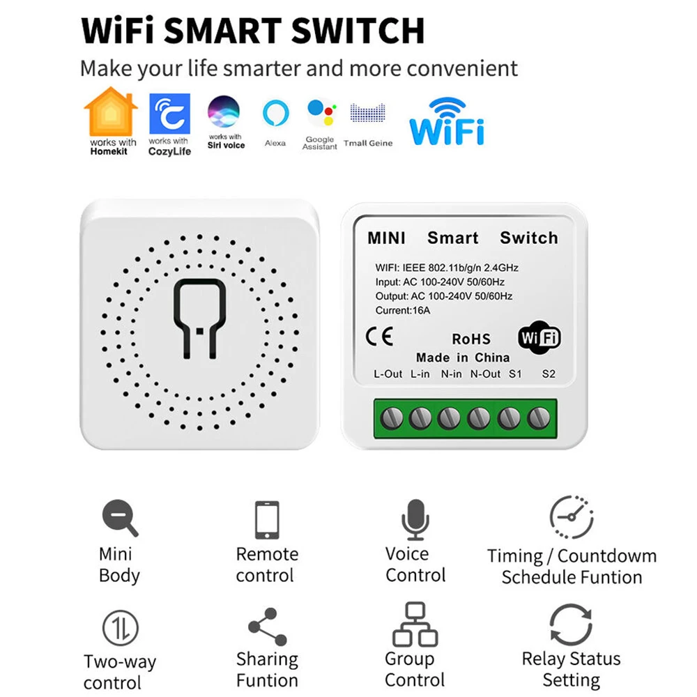 WiFi Mini Tuya Smart Switch 16A DIY Light Switches 2 Way Wireless Control Smart Home with Smart Life Alexa Alice Google Home