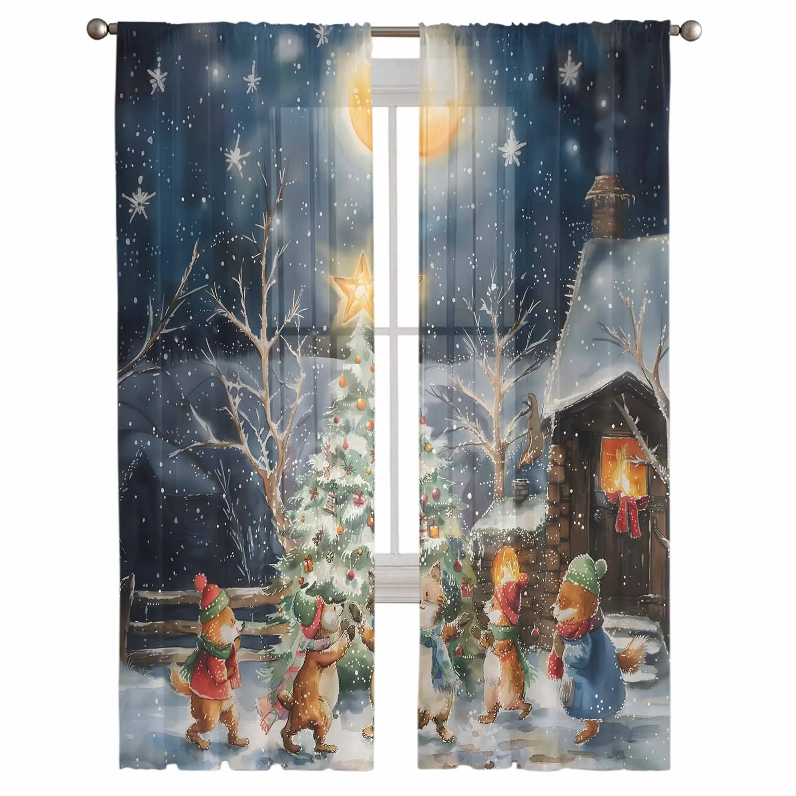 Christmas Tree Colorful Forest Moon Bonfire Animals Sheer Curtains For Living Room Modern Valance Kitchen Tulle Curtains