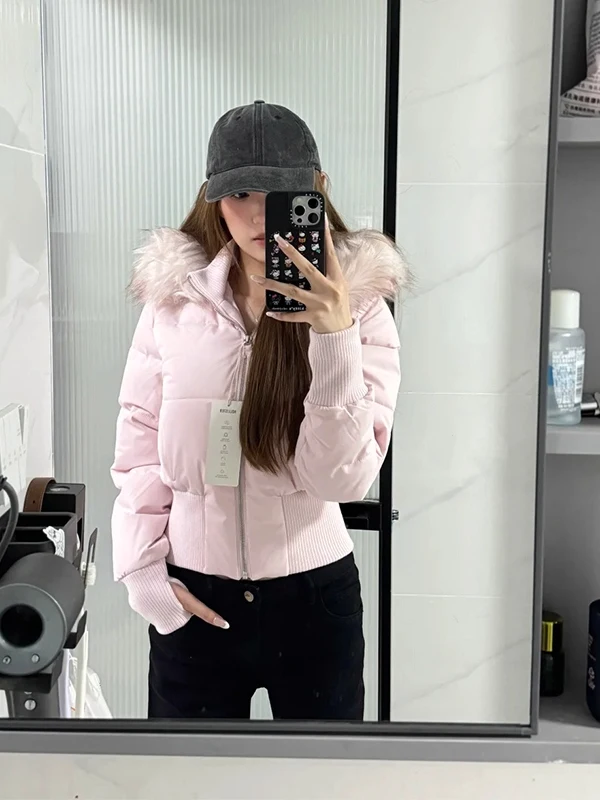 

American Style Women's Thickened Winter Short down Cotton Jacket with Large Fur Collar Hooded Slim Fit Warm Coat Zipper Closure