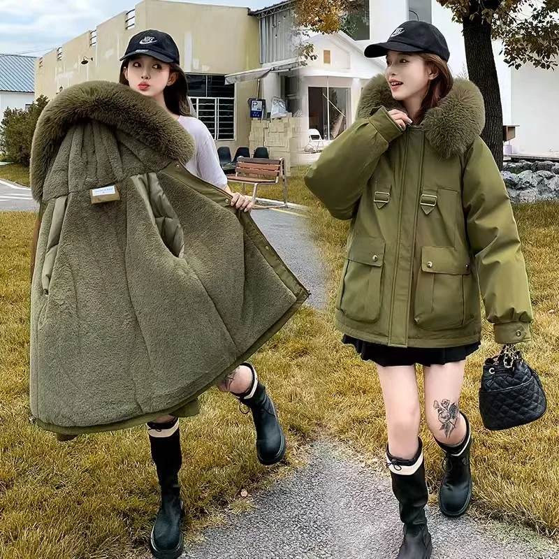 

Temperament Parkas Cotton Jacket Women 2025 New Winter Thick Warm Hooded Fur Collar Mid Long Down Cotton Coat Female Windbreaker