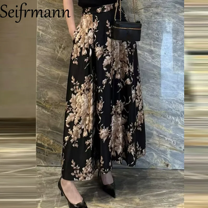 Seifrmann Black gold printed silk half skirt for vacation camping, high waisted women's fashionable long half skirt
