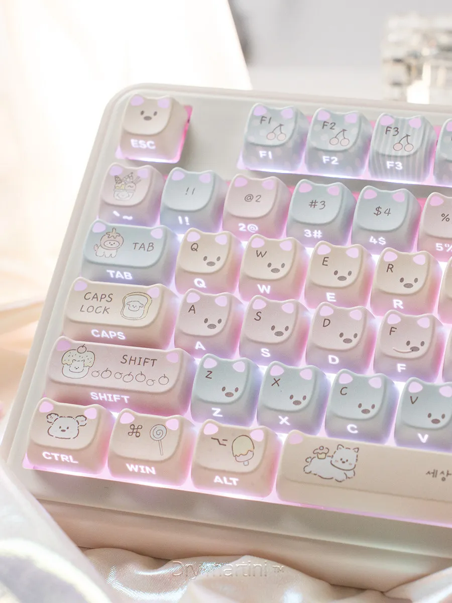 113 Keys Cute Transparent Cat's Ears Keys Cap Cute Keycaps PBT MAO Profile for ANSI Mechanical Keyboard Made68 Mad68 Wooting 60