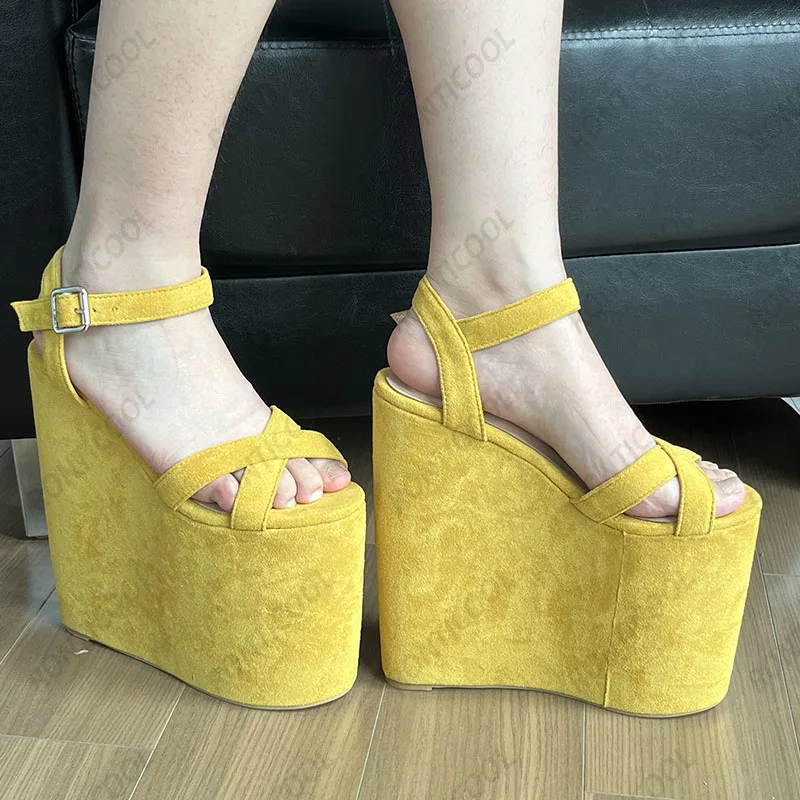 Ronticool New Arrival Women Platform Sandals Wedges High Heels Round Toe Elegant Black Cosplay Shoes Ladies US Plus Size 4-15