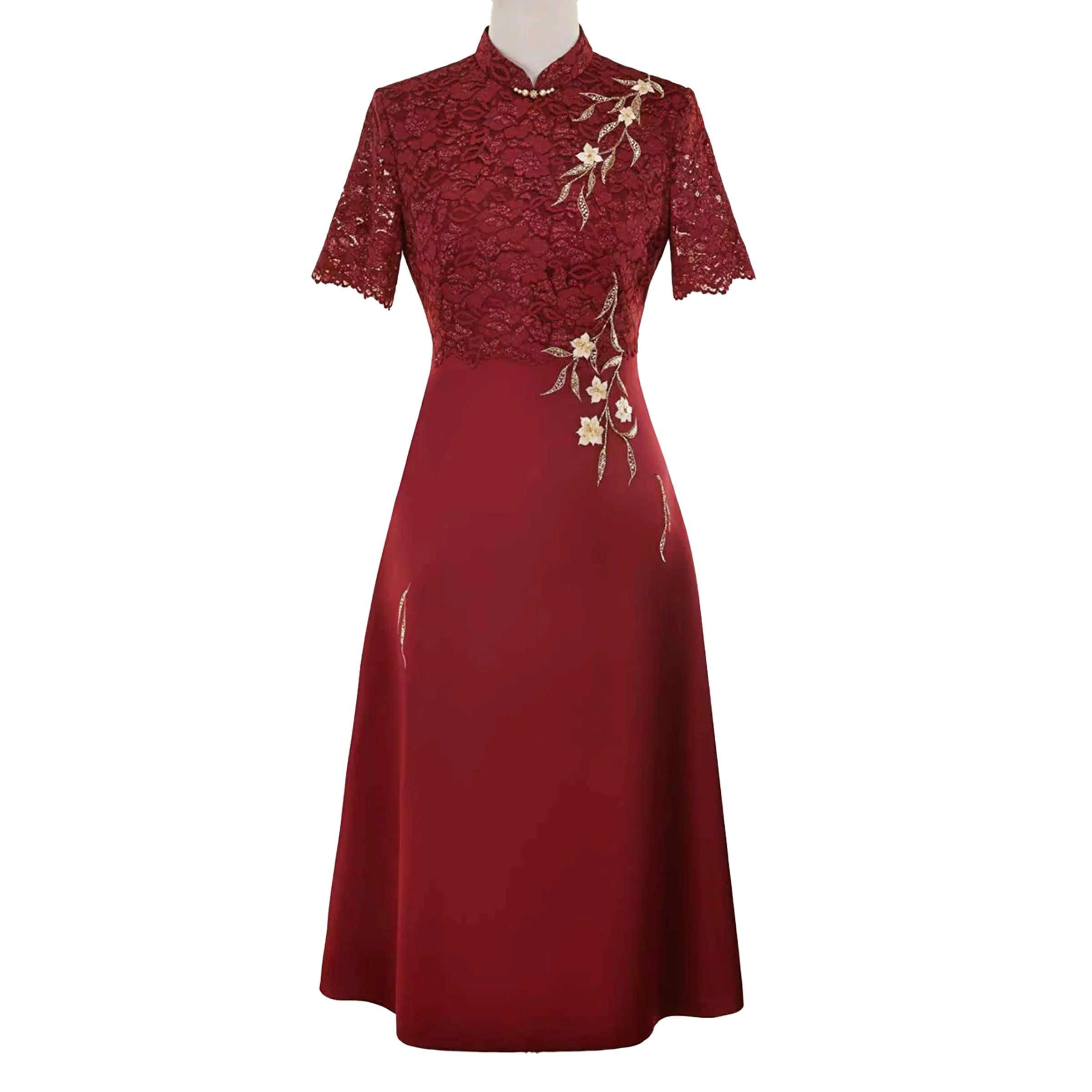 

Wine Red Luxury Traditional Chinese Dress Elegant Lace Sleeves Golden Floral Print Women A-Line Dress For Wedding