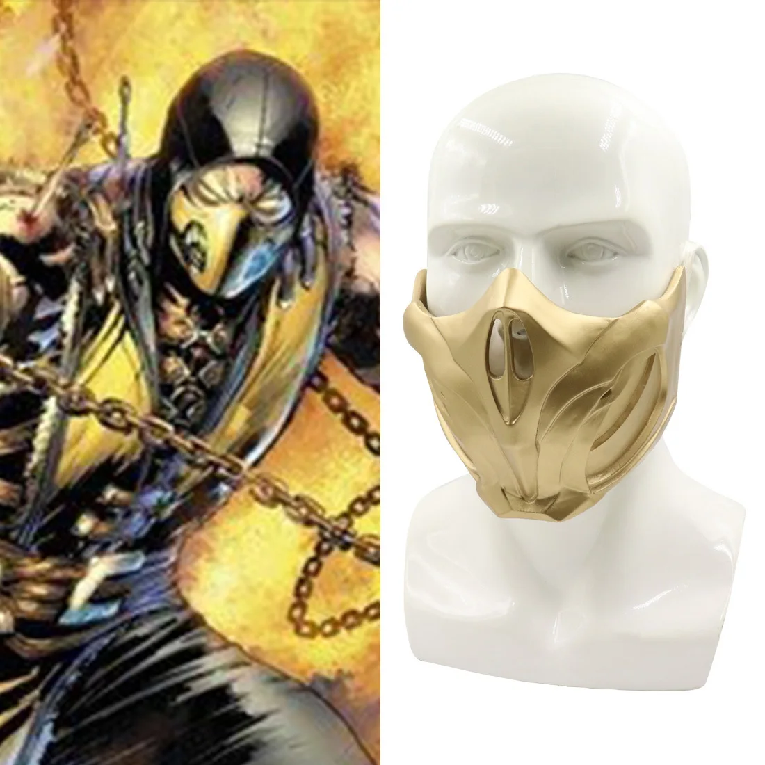 

Game Mortal Kombat SCORPION Cosplay Mask Golden Half face Latex Mask Women Men Halloween Party Mask