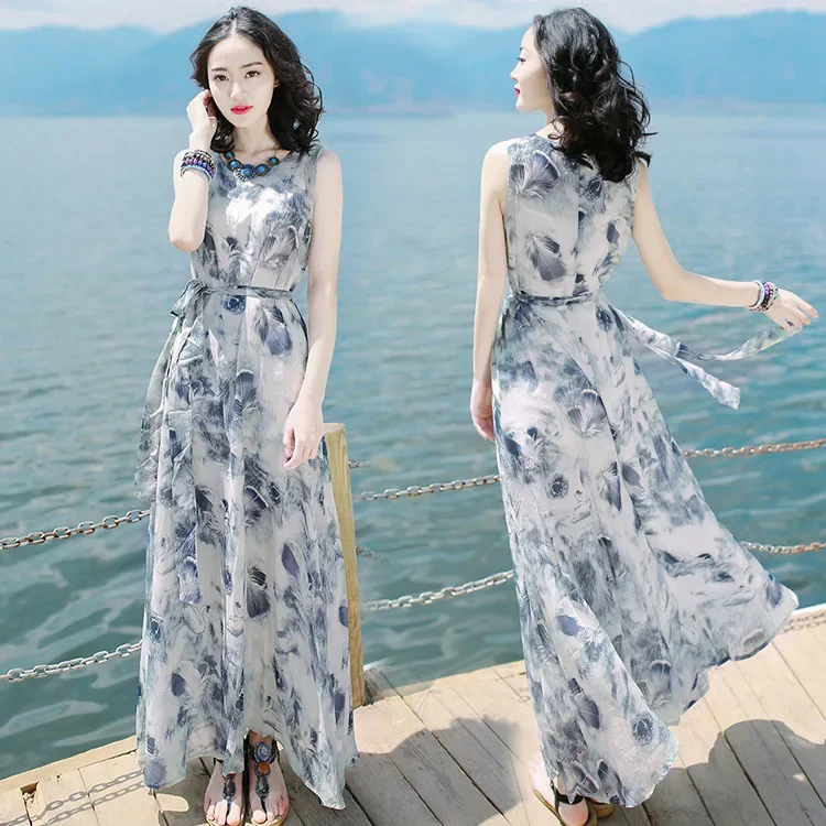 New Temperament Women's Beach Dress High-end Ink Painting Vest Long Dress Bohemian Dress