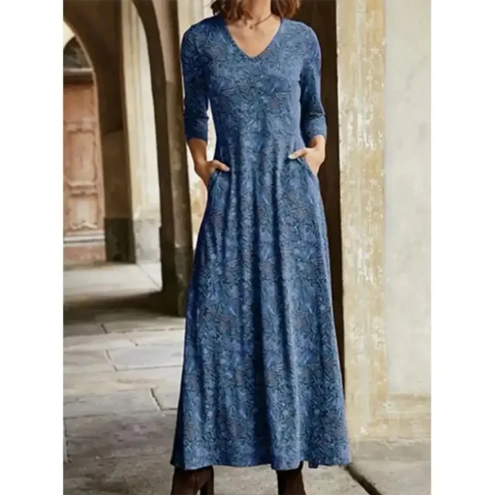 Frauen langes Kleid Blumen druck Ärmel A-Linie Herbst neue elegante Vintage V-Ausschnitt Winterkleider Boho Blumen druck Kleid