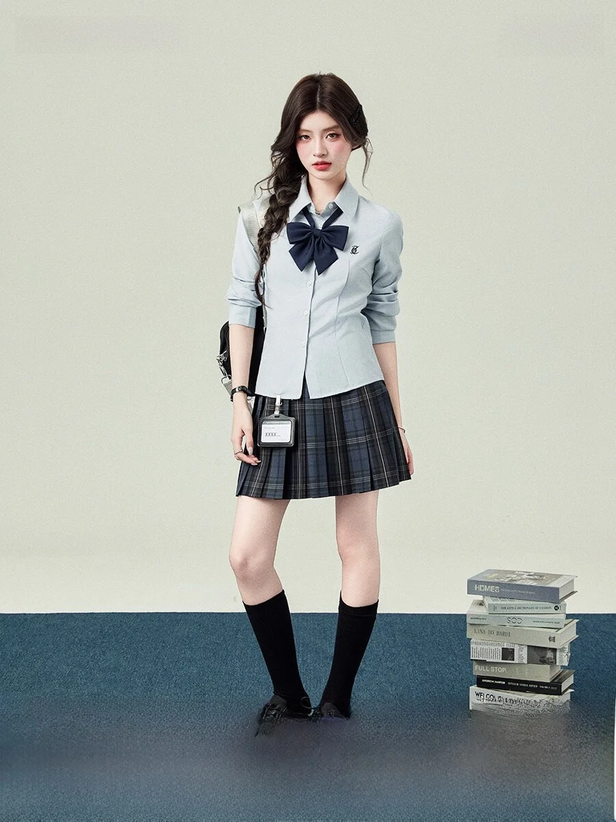 

Женский приталенный синий топ с длинным рукавом в стиле преппи, дышащий, повседневный, с воротником, для весеннего образа в университетском стиле