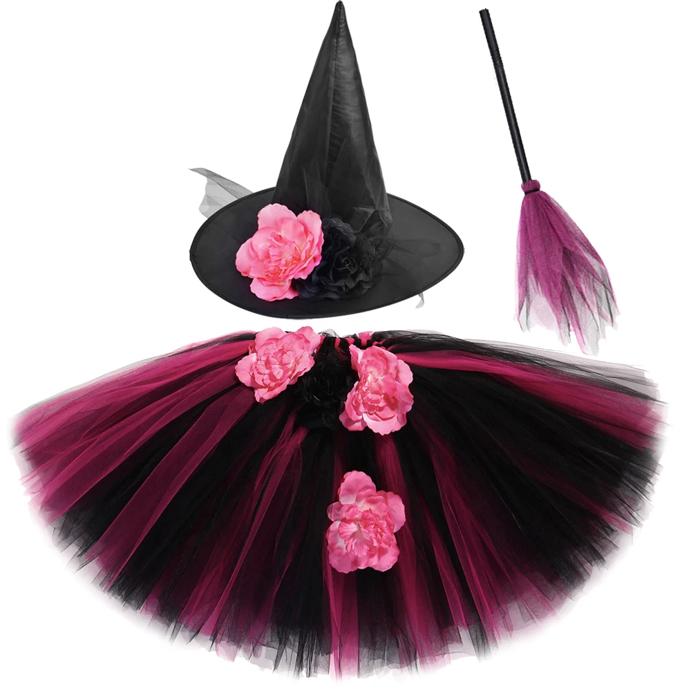 Flower Witch Tutu Skirt Outfit for Girls Halloween Costumes for Kids New Years Carnival Party Tulle Skirts with Hat Magic Broom