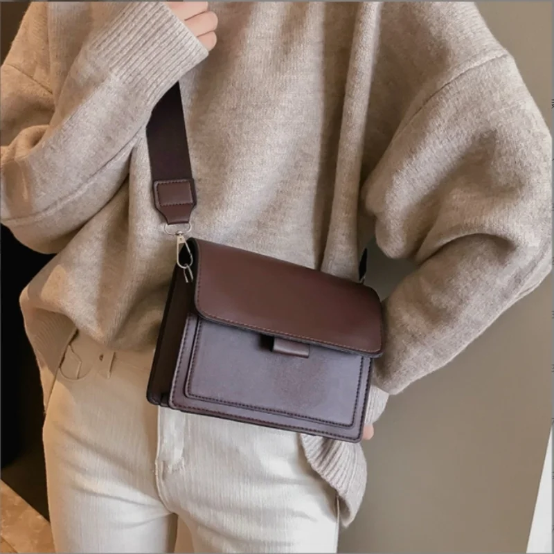 Shoulder Bag Ins Versatile Wide Shoulder Strap Small Square Bag Retro Pu Leather Crossbody Bag Women'S Bag Fall Winter