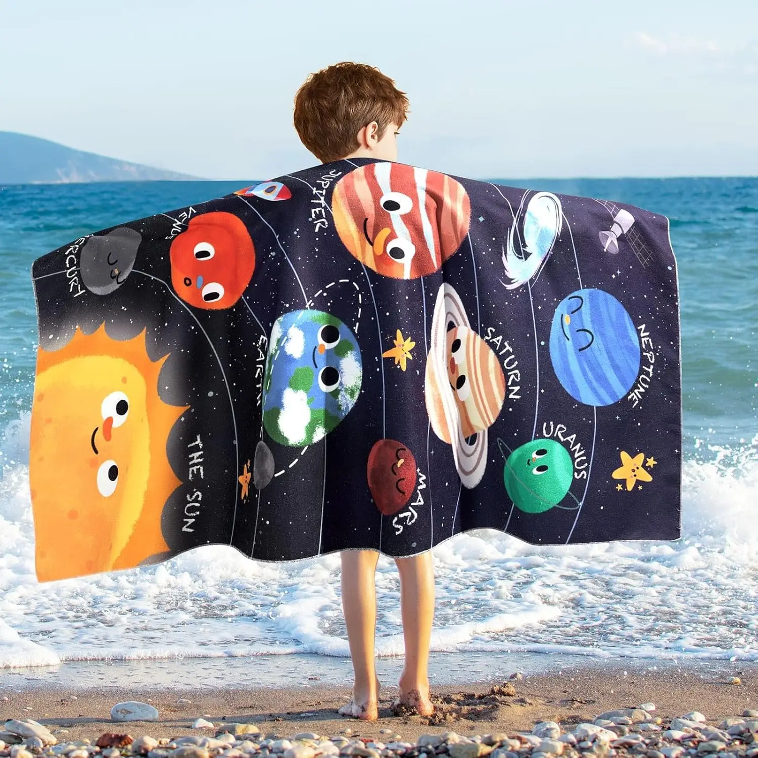 Solar System Beach Towel 31.5x63 Inch Kids Planets Print Soft Microfiber Quick Dry Bath Towel for Boys Summer Gift