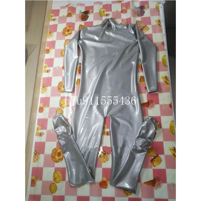 Sexy Men's Silver Neck Entry Full Body Latex Rubber Gummi Catsuit Stretching Custom Made