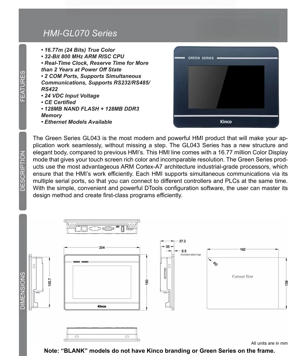 For GL Series HMI 7 Inch Touch Screen Panels GL070-BLANK/GL070E-BLANK 800x480 Resolution Industrial Ethernet ABS Material