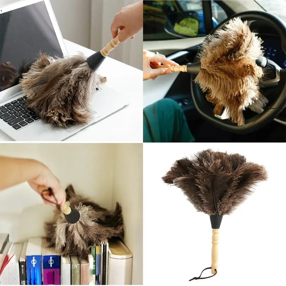 Anti-Static Feather Duster Wooden Hand Household Cleaner Ostrich Feather Brush Dust Removal Duster Ostrich Feather Fur Brush