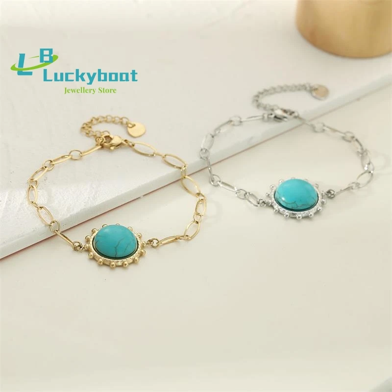 

Sterling Silver Chain Turquoise Bangle Bracelet Golden Metal Trendy Bracelet for Women бижутерия для женщин Gift New