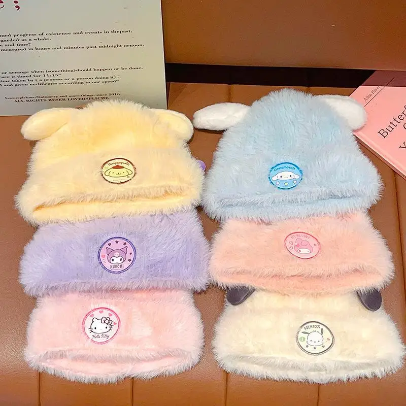 Kawaii Hello Kitty Kids Plush Hats Sanrio Accessories Pompomrpurin Girls Beanies My Melody Kuromi Cinnamoroll Winter Boys Cap