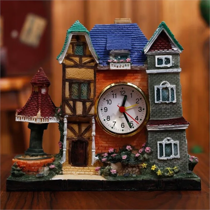 European Style Architectural House Alarm Clock Creative Villa Resin Craft Home Decoration Ornament Creative Alarm Clock ZE596