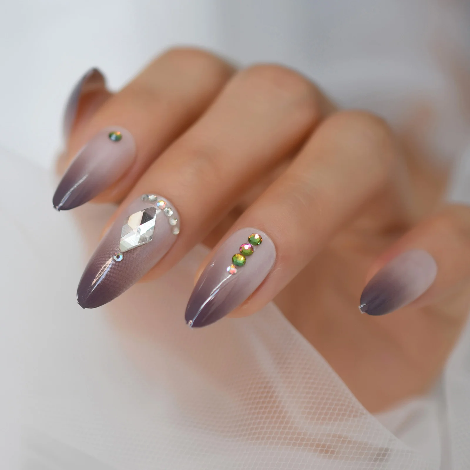 Amêndoa unhas falsas imprensa em com projetos strass cristal ombre unhas diamantes artificiais falso ongles dicas de unhas falsas