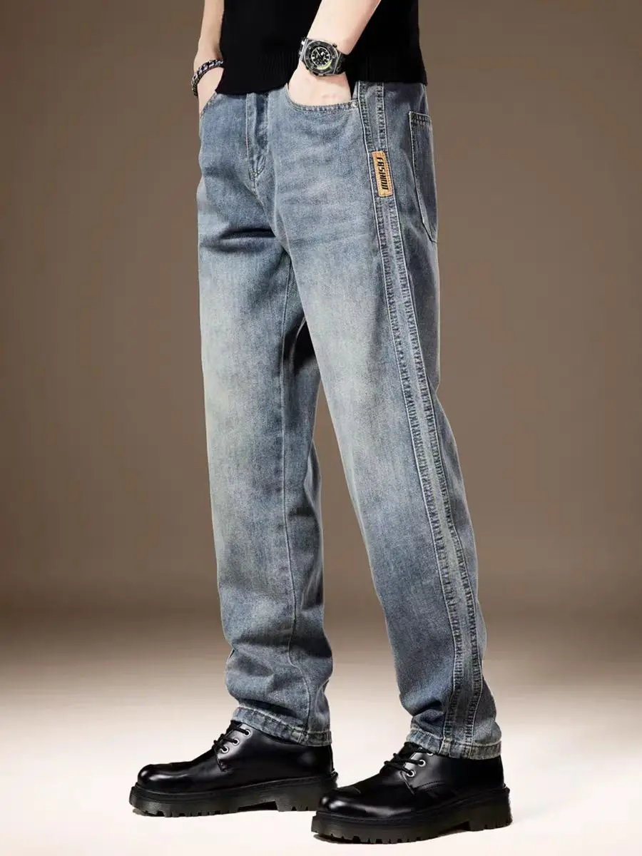 

Retro American Washed Denim Jeans Men's Loose Straight Leg Wear Resistant Wide Leg Casual Long Trousers Youth Cotton Stretch