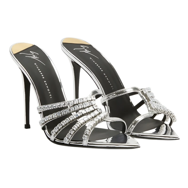 

Новинка 2025 года: босоножки с открытым носком и острым носком со стразами, тонкие каблуки и сексуальные черные туфли на высоком каблуке на одной ноге.