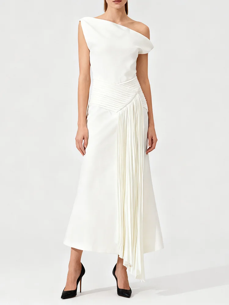 Eleganckie sukienki midi wyszczuplające dla kobiet z asymetrycznym dekoltem, odkrytymi ramionami, patchworkiem i zakładkami, odzież damska, nowość.