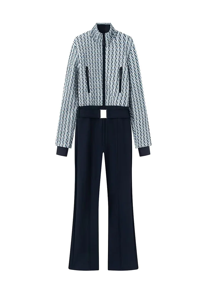 Kombinezon damski HH Fashion z stójką, zapinany na zamek, z kieszeniami, długi rękaw, łączony pasek, ocieplany kurtka-kombinezon na narty, bawełniany.