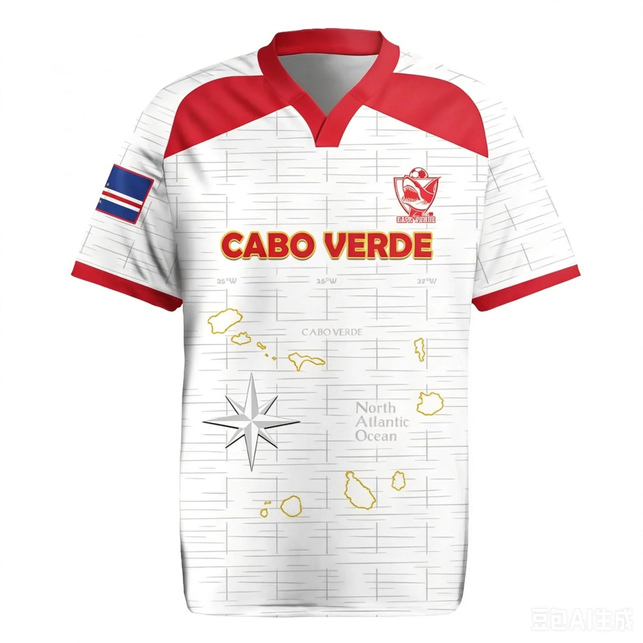 Men V Neck Soccer Jersey Cabo Verde Football 3D Full Print T Shirt Flag Red Cuff Short Sleeve Sports Training Casual Tops  Male