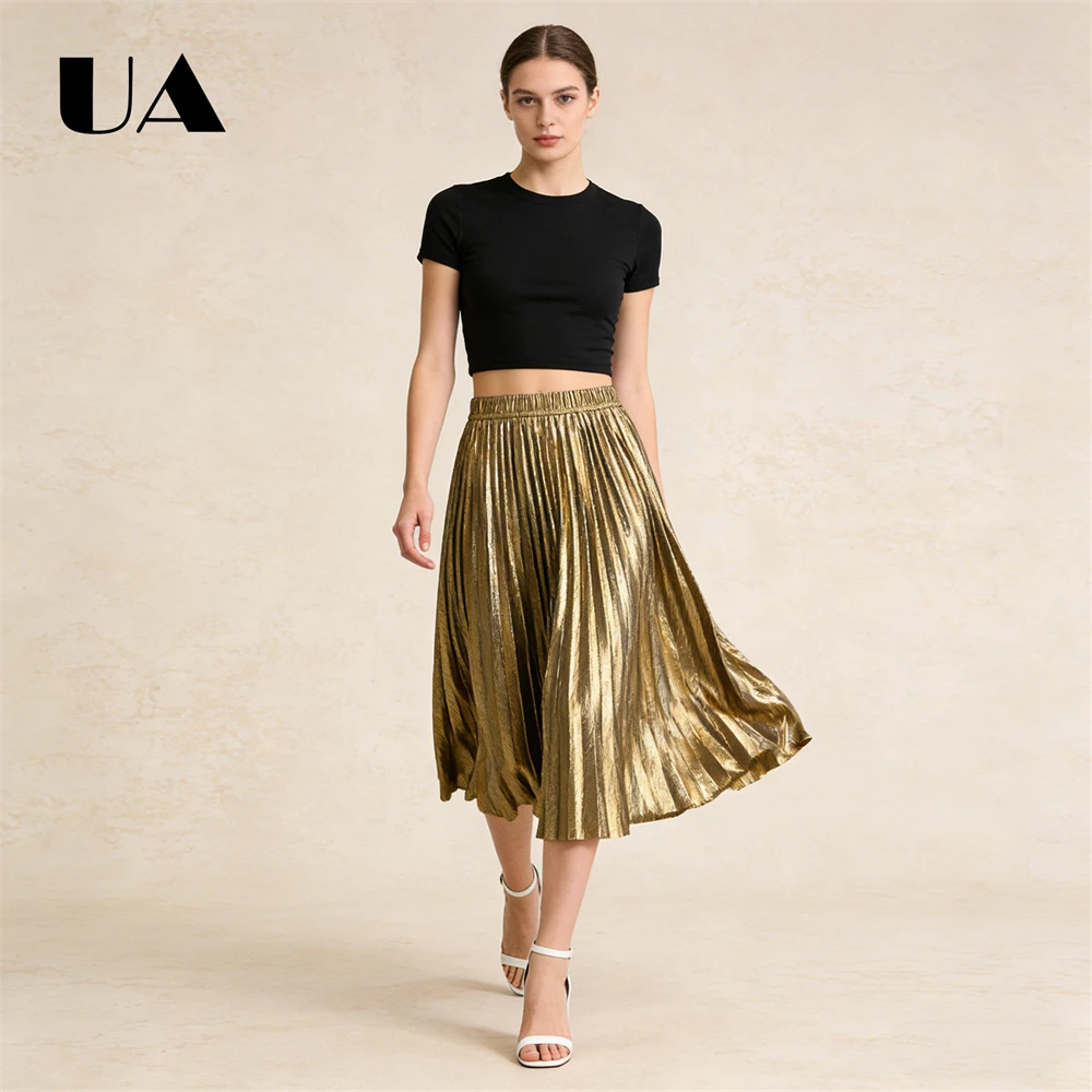ULBYANRY 2026 Jupe métallique brillante de printemps pour femme, jupes plissées mi-longues trapèze, taille unique 78 cm de long