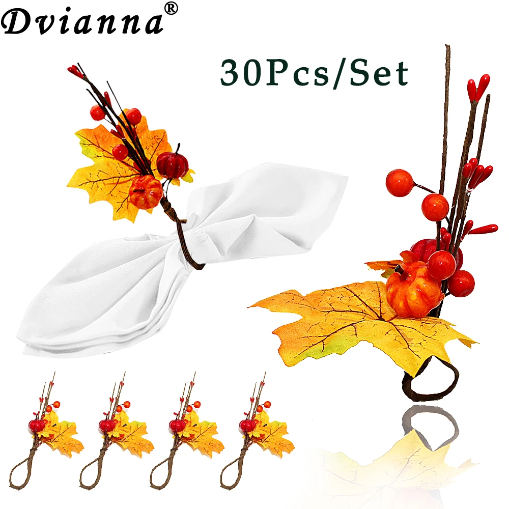 30Pcs Maple Leaf Pumpkin Berry Napkin Rings Fall Napkin Holder for Halloween Thanksgiving Harvest Party Dinner Table Decoration