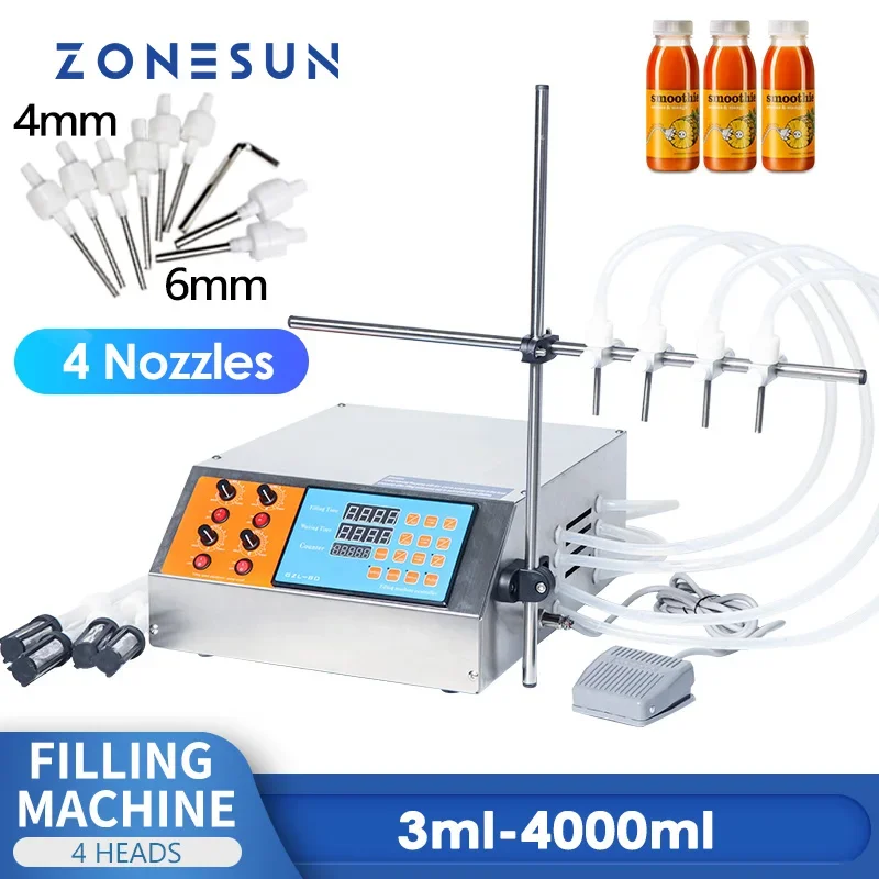 ZONESUN 4 فوهة الرأس آلة تعبئة السوائل العطور عصير الماء الضروري النفط الكهربائية مضخة التحكم الرقمي السائل حشو