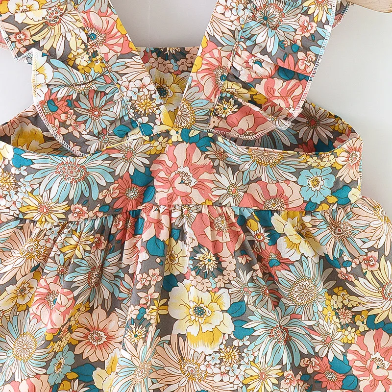 Vestido de verano de 2 piezas para niña, vestido de algodón con manga de mosca Floral a la moda, con bolso cruzado, adecuado para bebés de 0 a 3 años