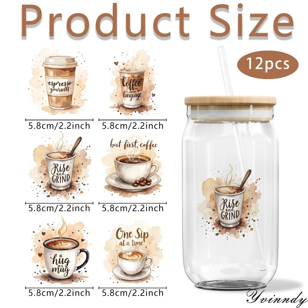 12Pcs/Set Watercolor Coffee Quotes UV DTF High Self-Adhesive Transfer Paper Is Suitable For Decorating Cups And Bottles