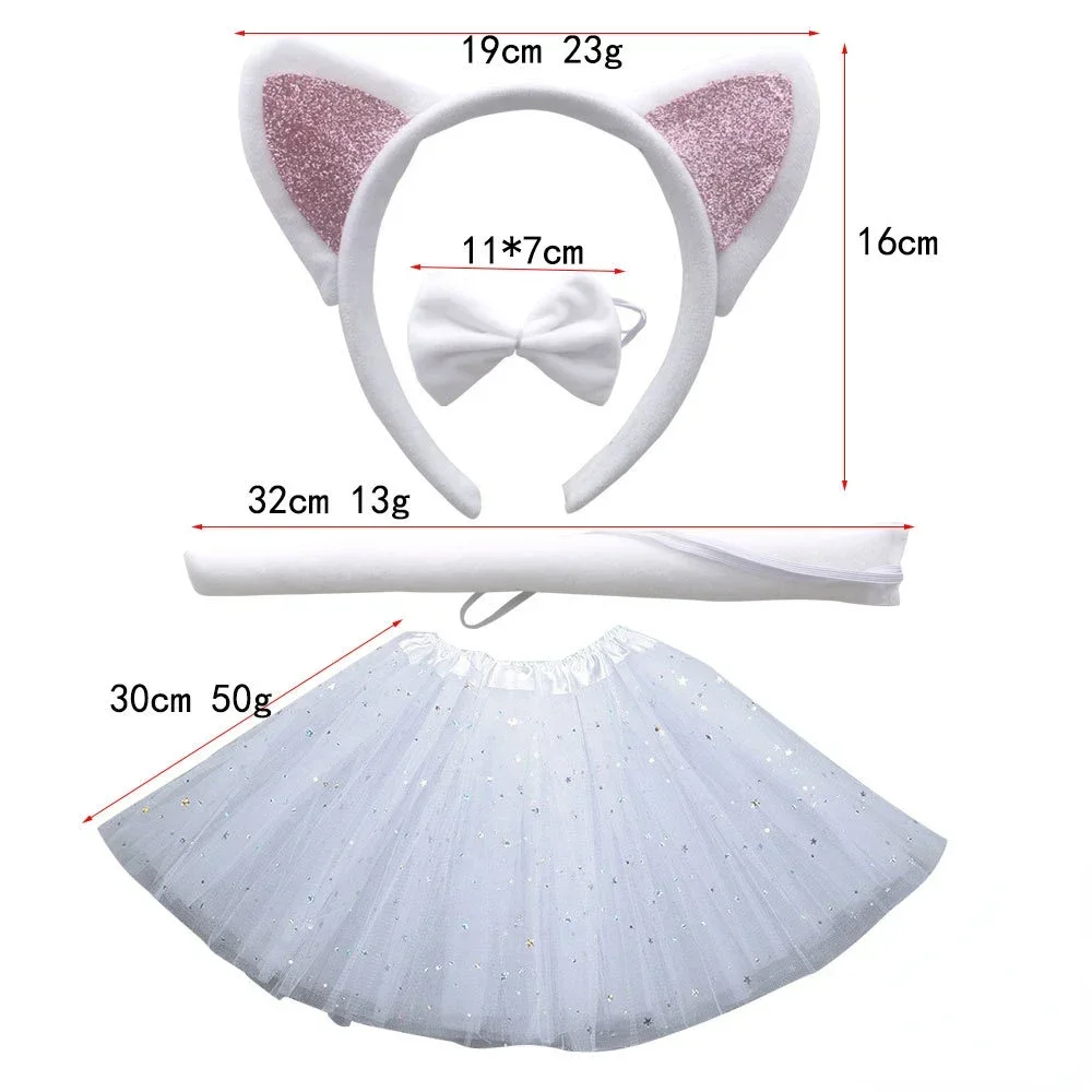 4 Pieces Cat  for Girls Kids Including Ears Headband Tails Bow Tail Skirt Tutu  Animals  Set Halloween Costume Cosplay