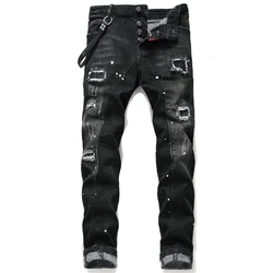 Light Luxury Men’s Slim-fit Ripped Noble Black Jeans,High Quality White Wash Casual Jeans, Scratches Stylish Sexy Street Jeans;