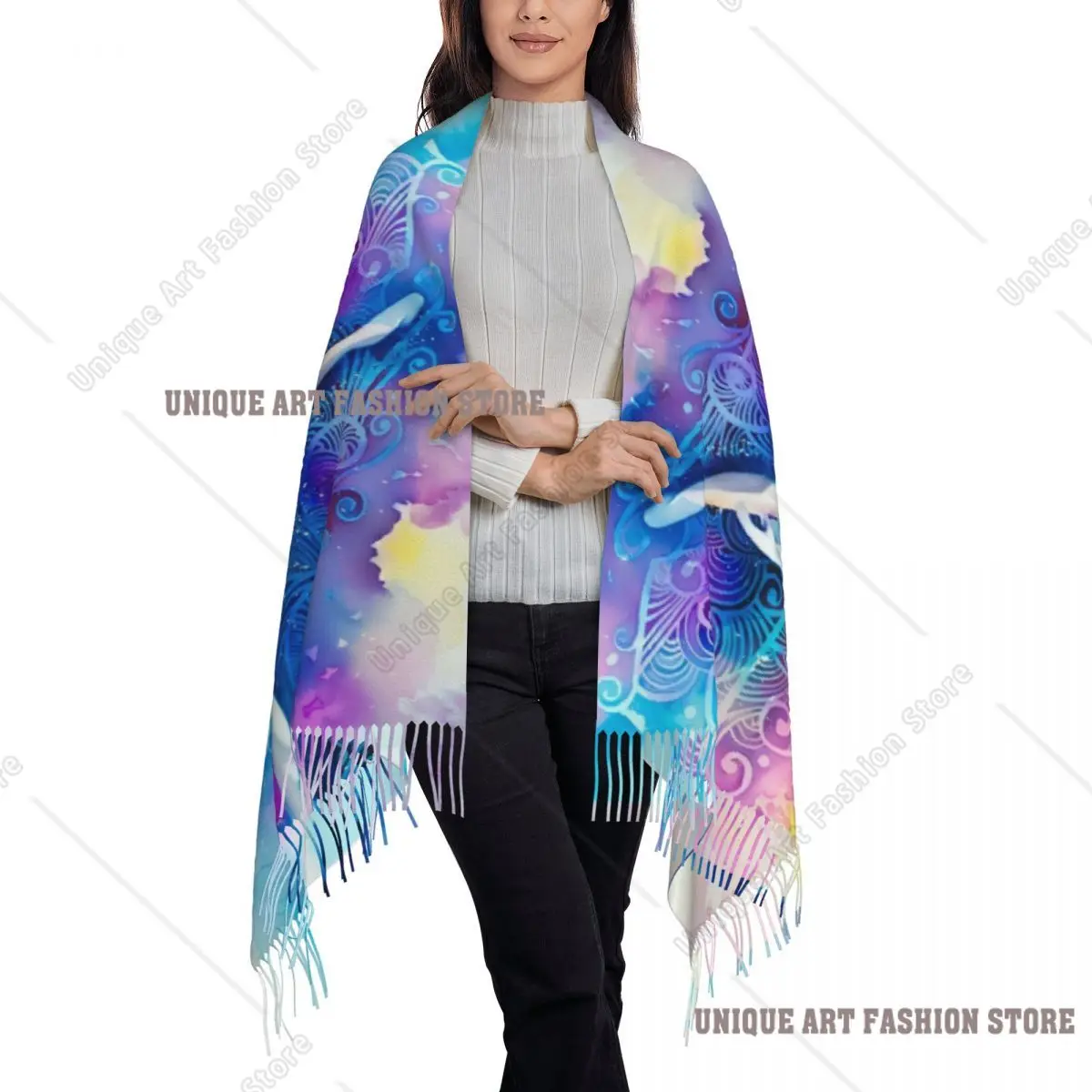 ผ้าพันคอพิมพ์ลายศิลปะยิมนาสติกแบบยาวสำหรับผู้หญิง ดีไซน์หรูหรา ผ้าหนา อุ่นสบายสำหรับฤดูหนาว พร้อมพู่ห้อย