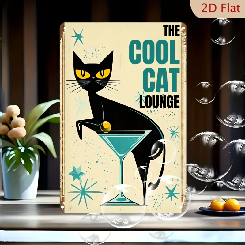 Retro Black Cat and Martini Glass Wall Decor - Vintage 