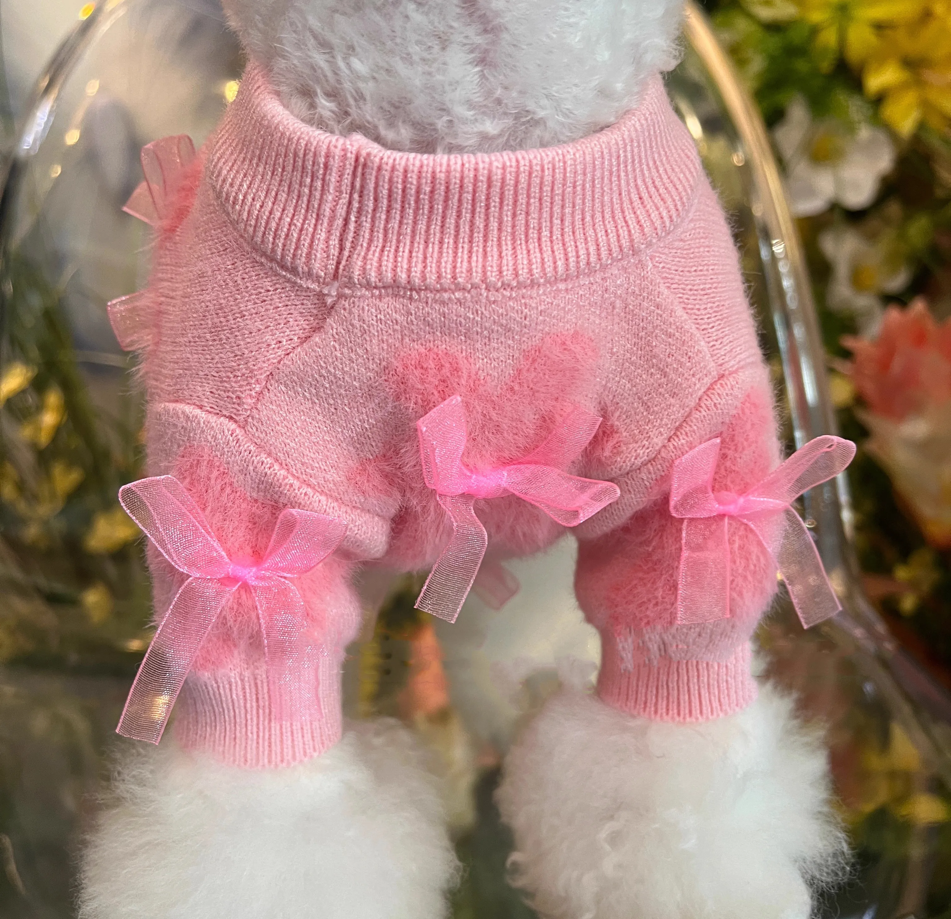 

Pink Bow-Shaped Plush, Cute And Warm Design Pet Sweater, Suitable For Winter, For Small Dogs' Clothing.