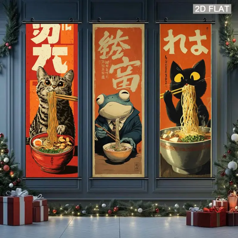 VIKAMA Ramen Kitty Frog Black Cat Wall Tapestry Amber Retro Japanese Food Scroll Art Home Decor Soft Durable Cozy Aesthetic Gift
