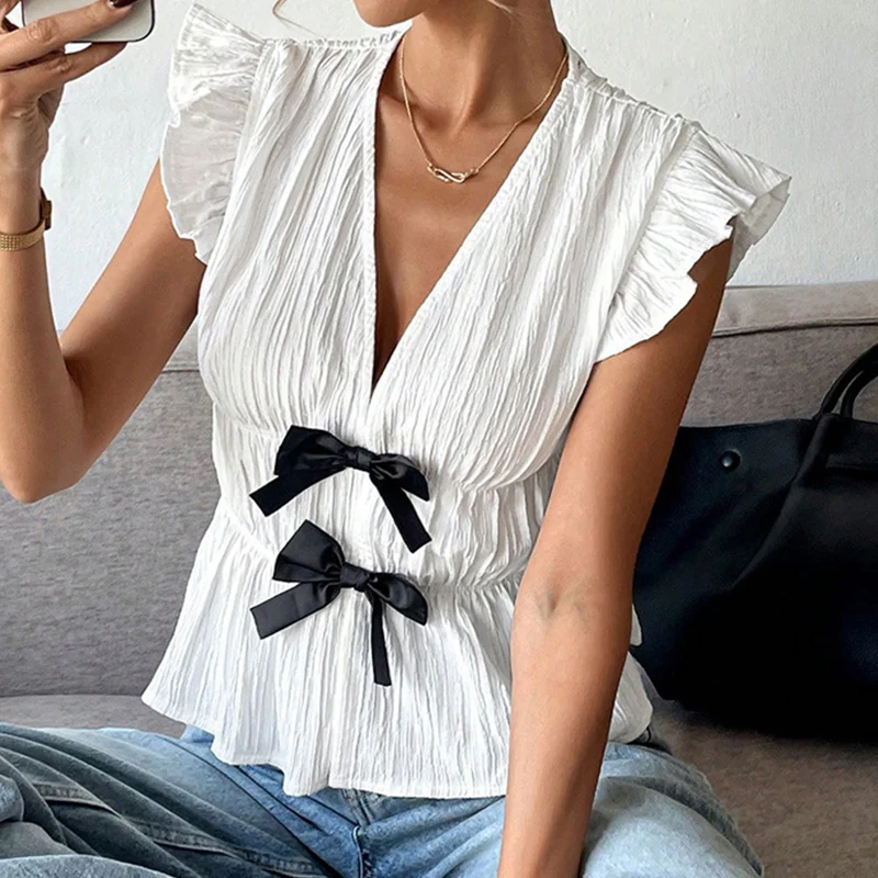 

2025 Summer Sexy Solid V-Neck Women Short Sleeve Temperament Ruffle Blouses for Women Bow Tie Pleated Womanchiffon Shrit
