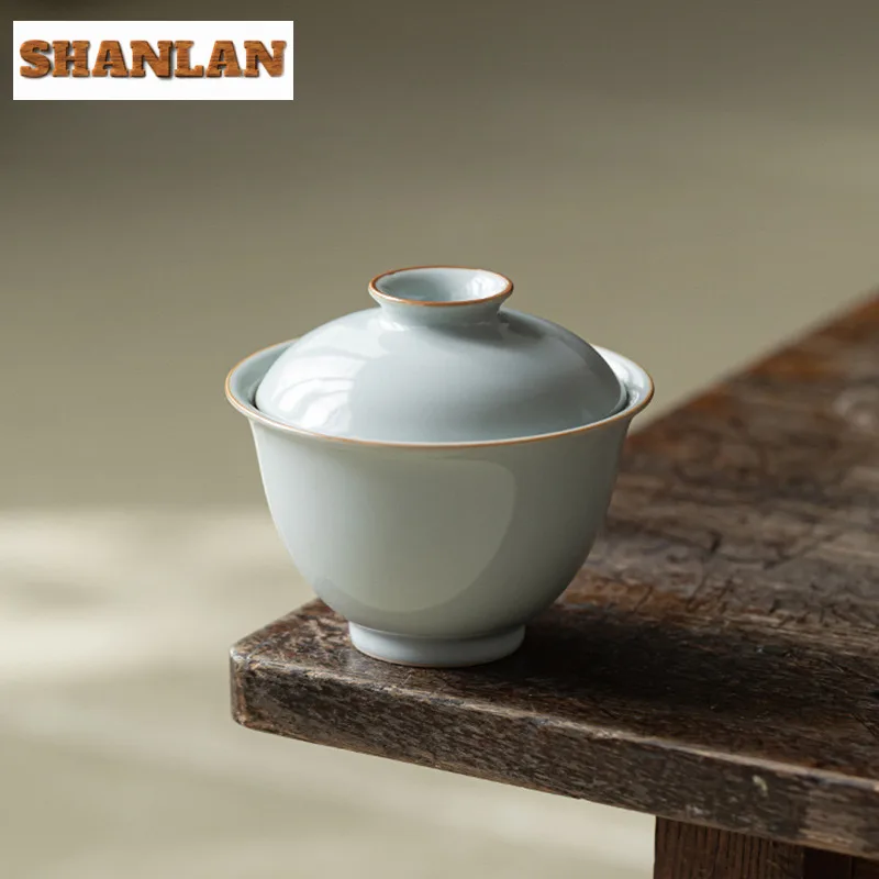 130ML Elegant Azure Ru Kiln Hand Grip Gaiwan Handmade Ice Crack Glazed Tea Tureen Household Tea Maker Cover Bowl Tableware Gift