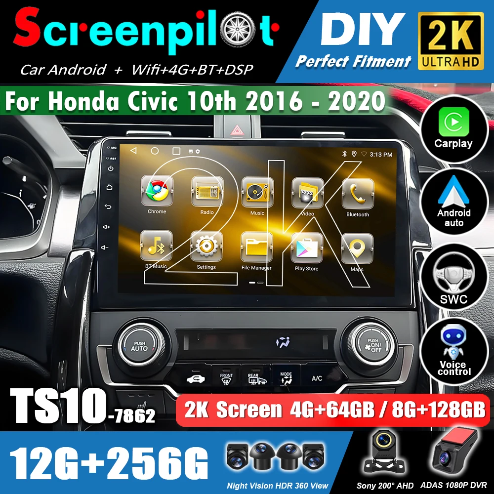 Android 16 Car For Honda Civic 10th 2016 - 2020 Radio Carplay Multimedia Stereo Head Unit  GPS Navigation 8 Core 4G 2K QLED wifi