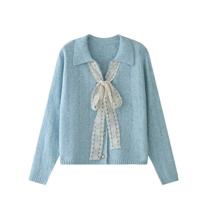 Maglione con risvolto giallo con scollo a V francese da donna Primavera Autunno Cardigan lavorato a maglia a maniche lunghe Cappotto maglione Giacca coreana in maglia