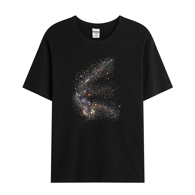 

Fashionable men's summer short-sleeved casual T-shirt with shiny rhinestone and Milky Way geometric design