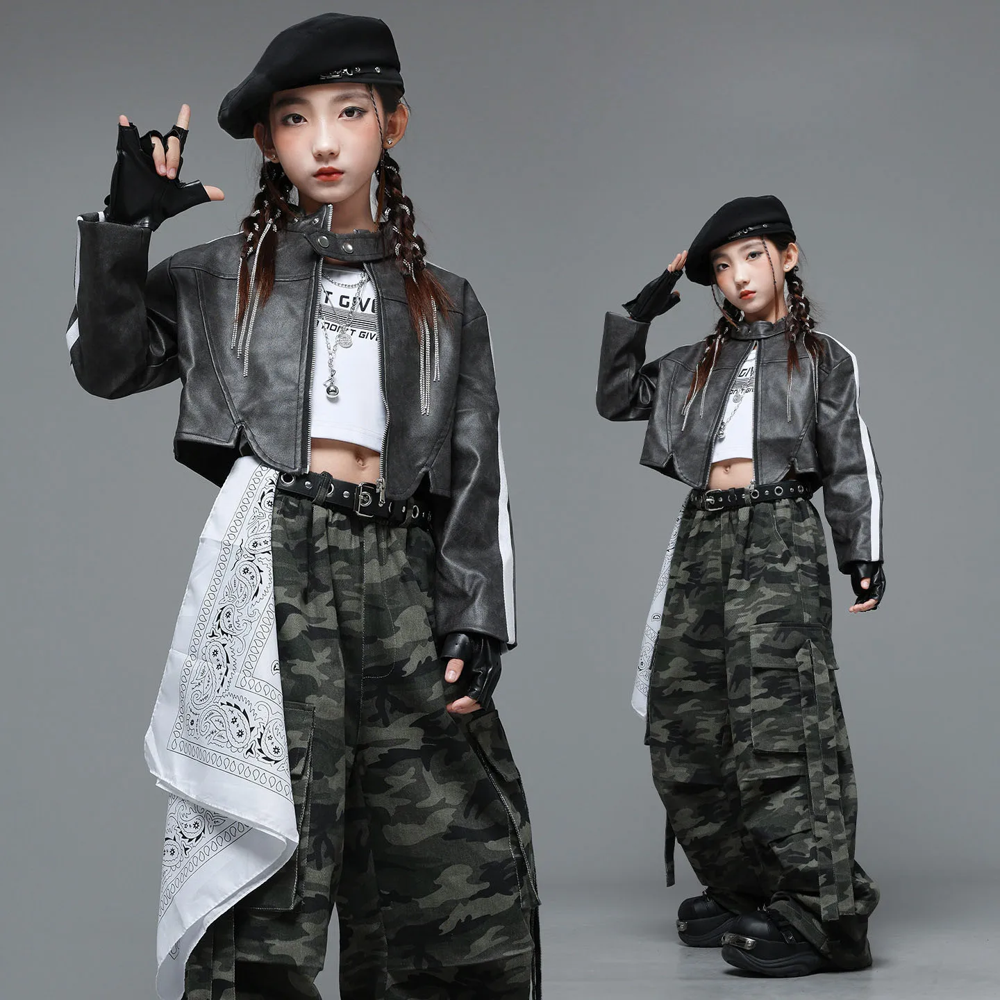 طفل Kpop الهيب هوب الملابس البني بولي Leather الجلود المحاصيل سترة أعلى كامو حزام المظلة البضائع السراويل لفتاة الجاز ملابس رقص الملابس #1