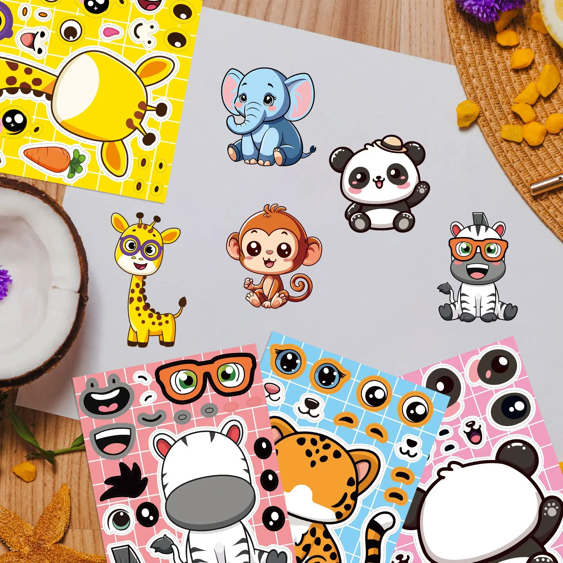 8/16/24PCS Cartoon Animal Puzzle Stickers Make a Face Cartoon Decals Stationery Notebook Phone Laptop Decoration Stickers image 2